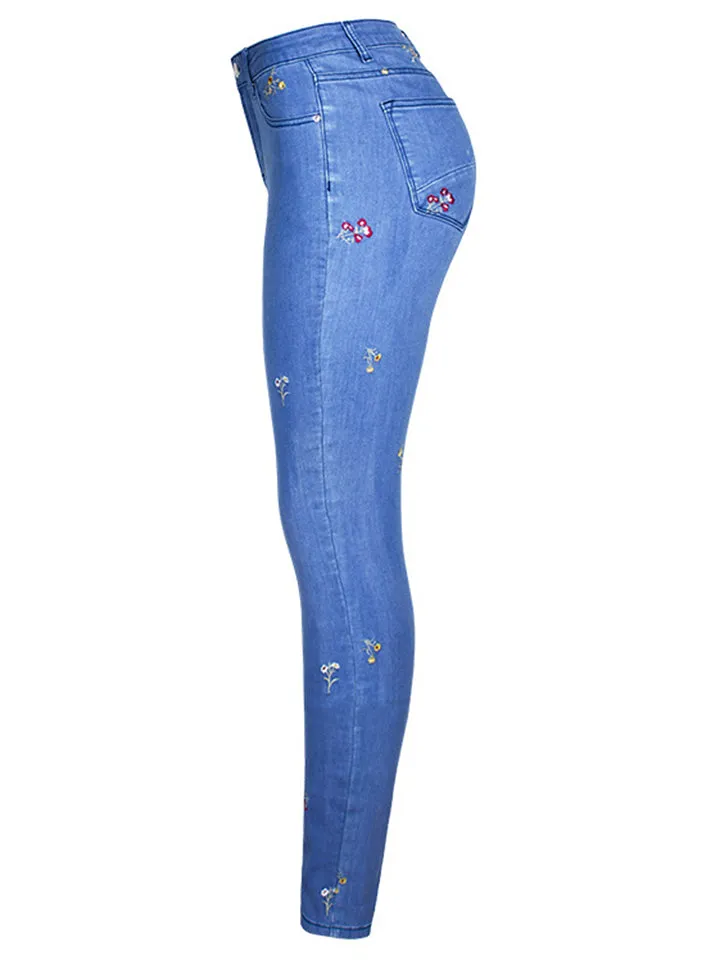 Campus Style Lovely Small Floral Embroidery Slim Fit Blue Denim Jeans