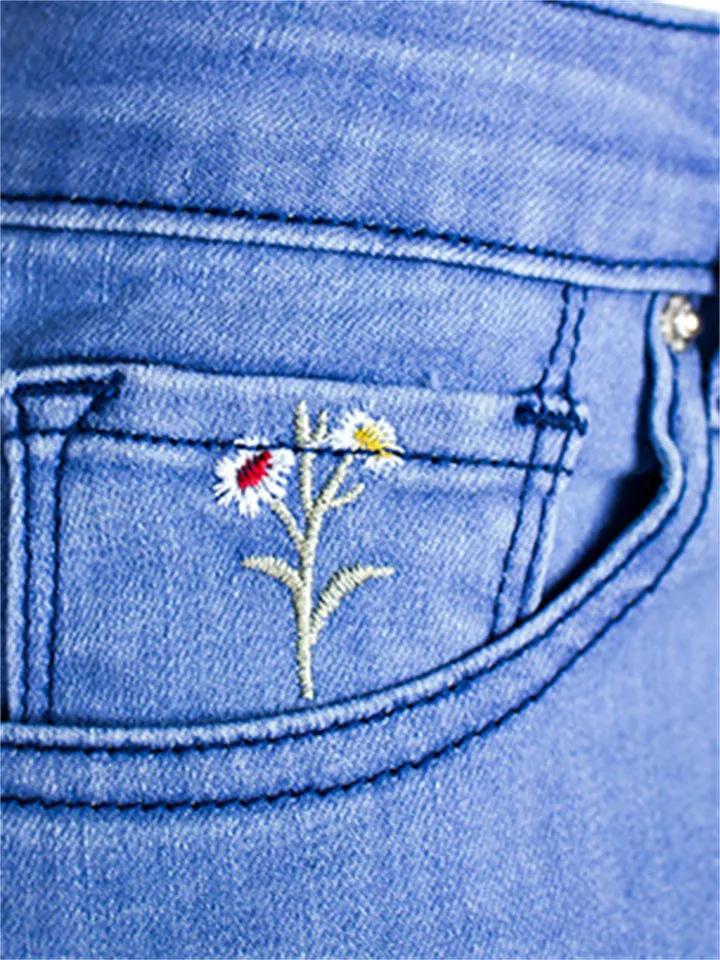 Campus Style Lovely Small Floral Embroidery Slim Fit Blue Denim Jeans