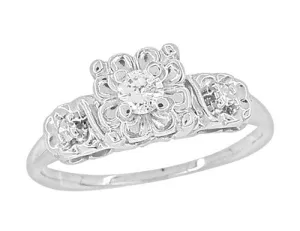 Carlotta 1940's Mid Century Retro Modern Vintage Diamond Engagement Ring in 14 Karat White Gold