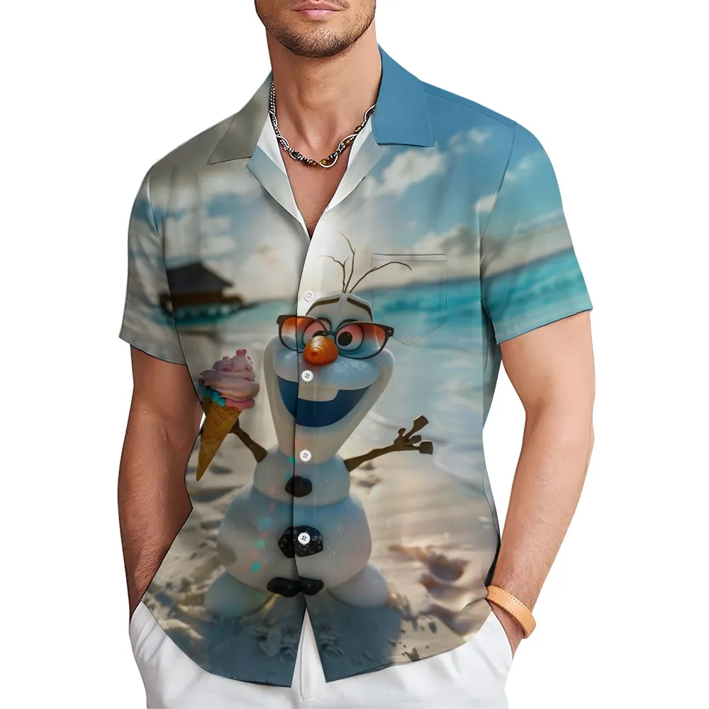 Cartoon Snowman Hawaiian Casual Short Sleeve Shirt 2409002476