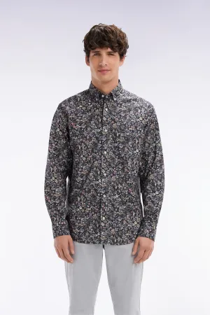 Chemise en popeline de coton Pima à micro imprimé kaki coupe droite