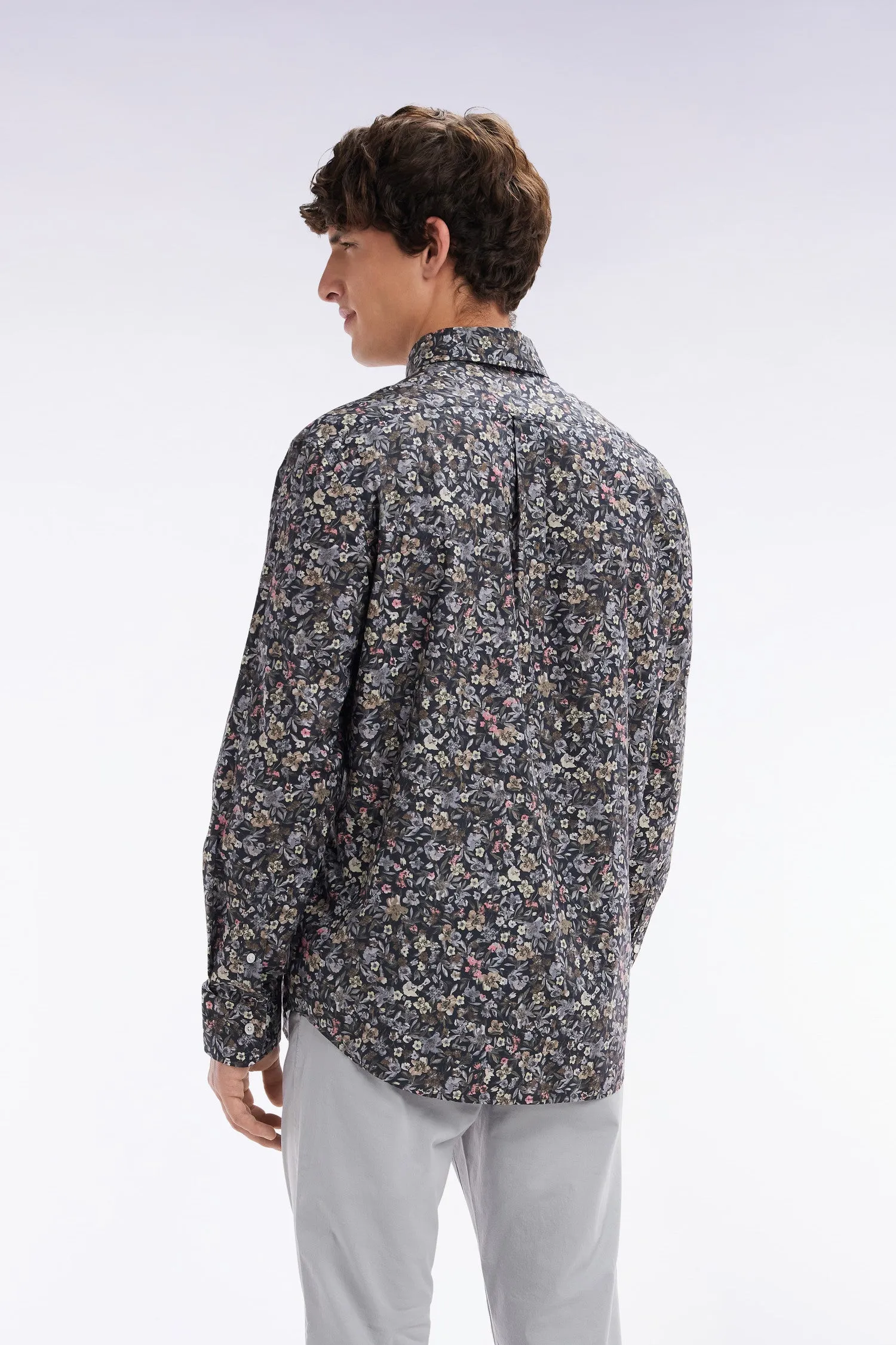 Chemise en popeline de coton Pima à micro imprimé kaki coupe droite