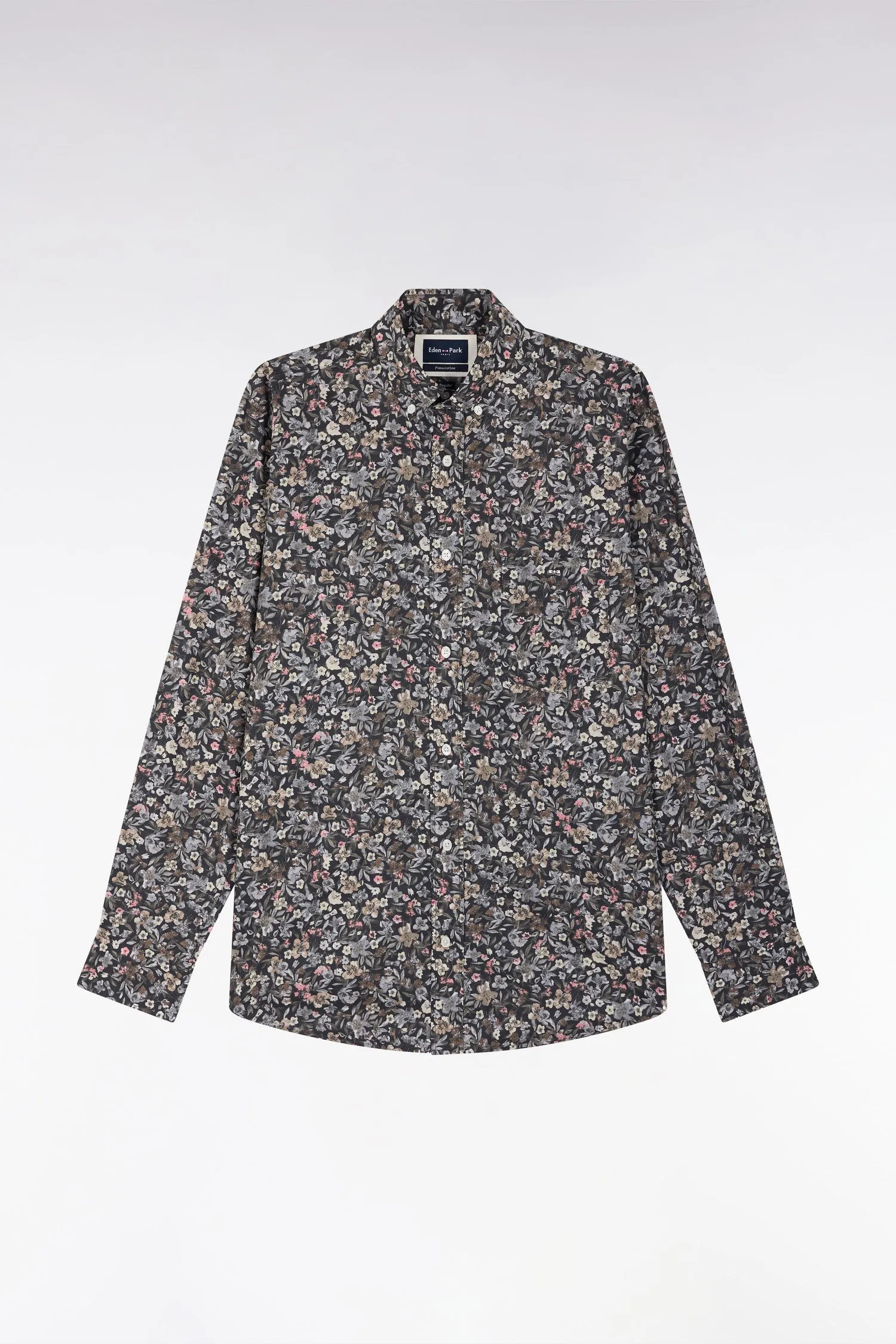 Chemise en popeline de coton Pima à micro imprimé kaki coupe droite