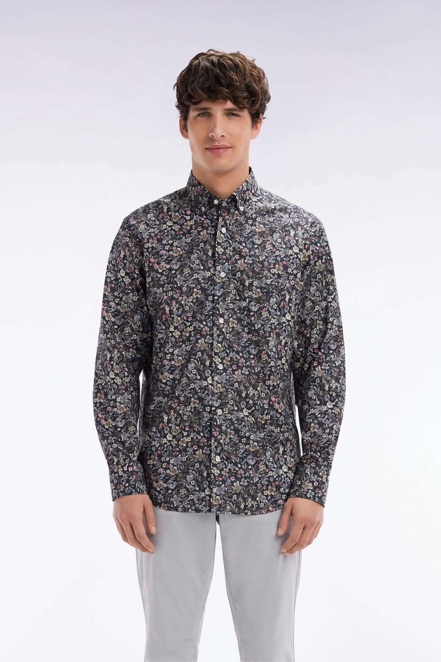 Chemise en popeline de coton Pima à micro imprimé kaki coupe droite