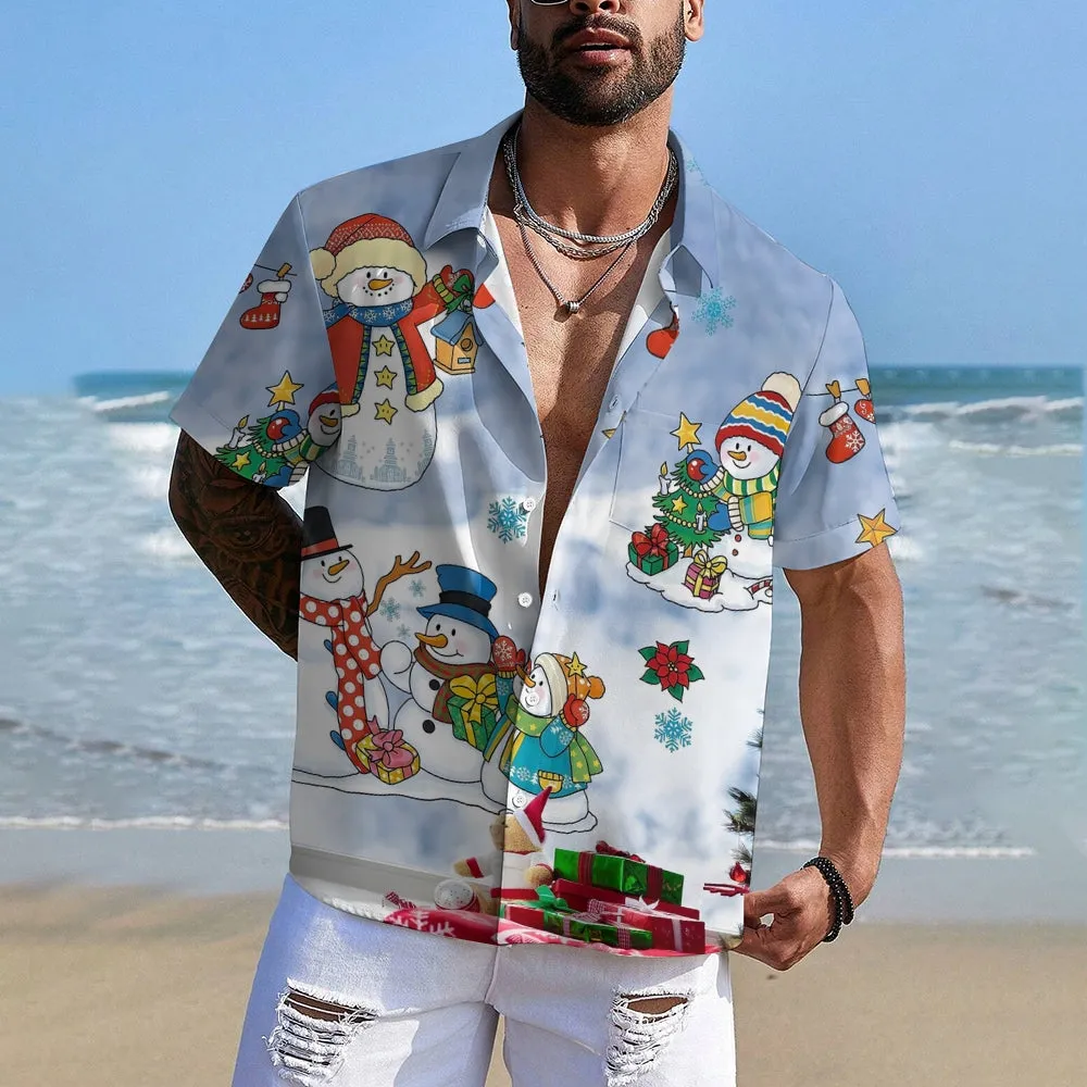 Christmas Cartoon Snowman Casual Short Sleeve Shirt 2409006161