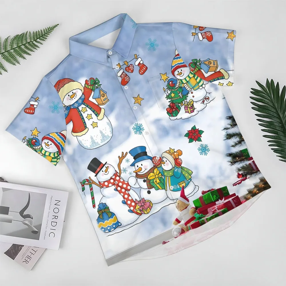 Christmas Cartoon Snowman Casual Short Sleeve Shirt 2409006161