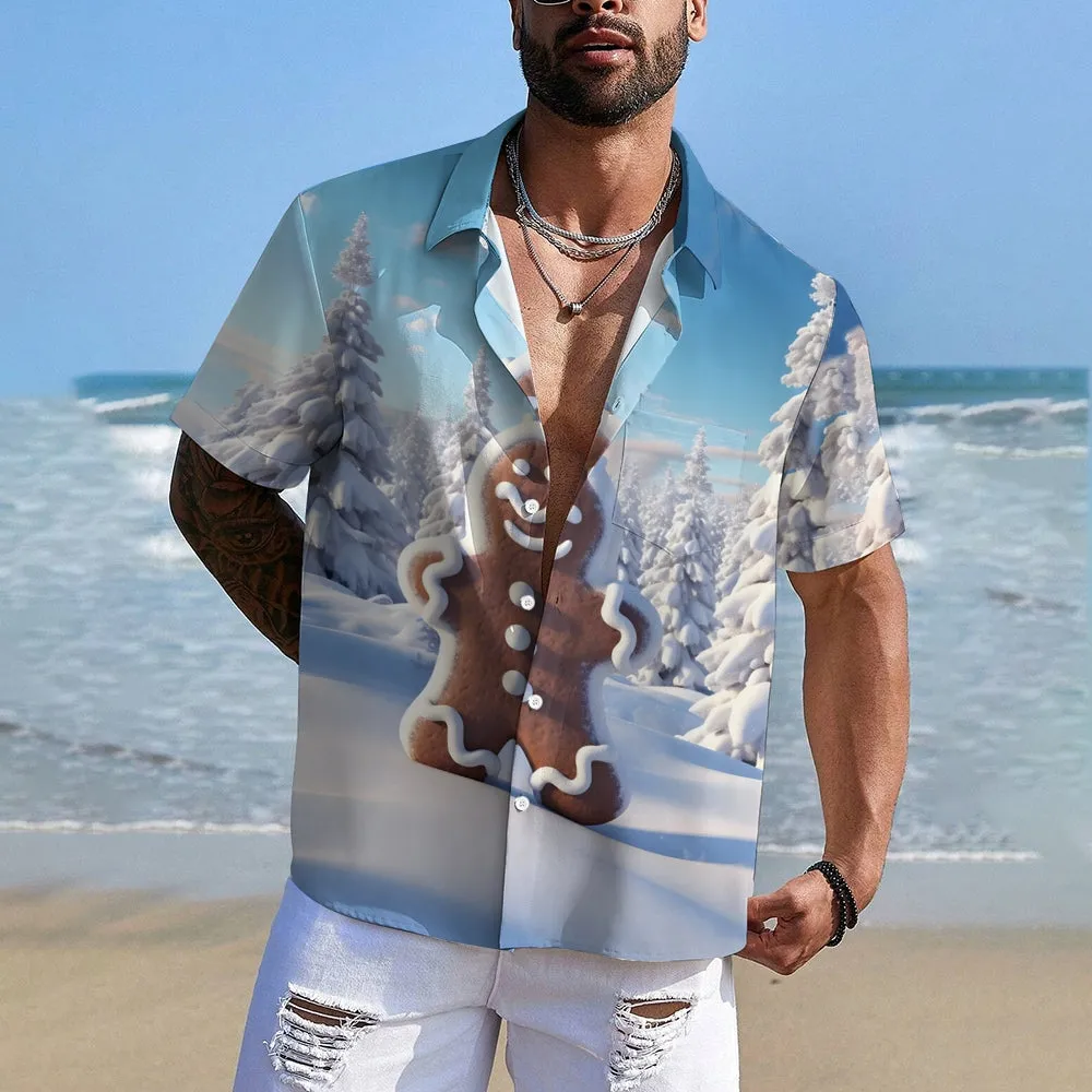 Christmas Gingerbread Man Casual Short Sleeve Shirt 2409006232