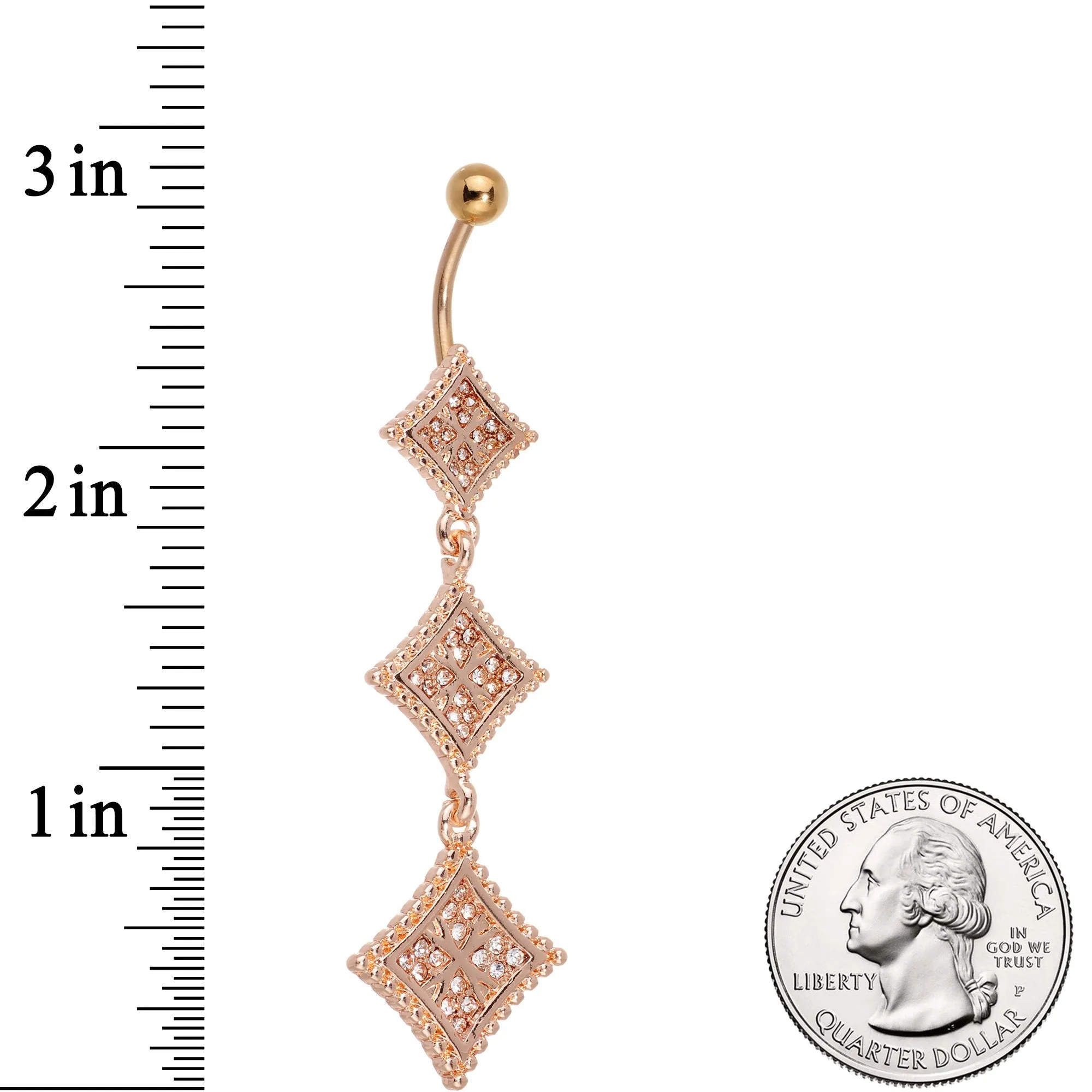 Clear Gem Rose Gold Tone Regal Triple Rhombus Dangle Belly Ring