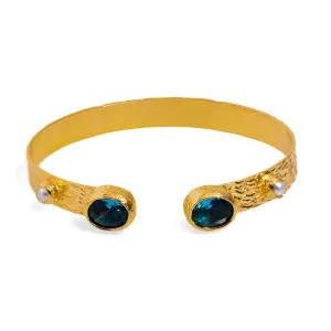 Cleopatra Blue Topaz & Pearl Adjustable Gold Cuff Bracelet