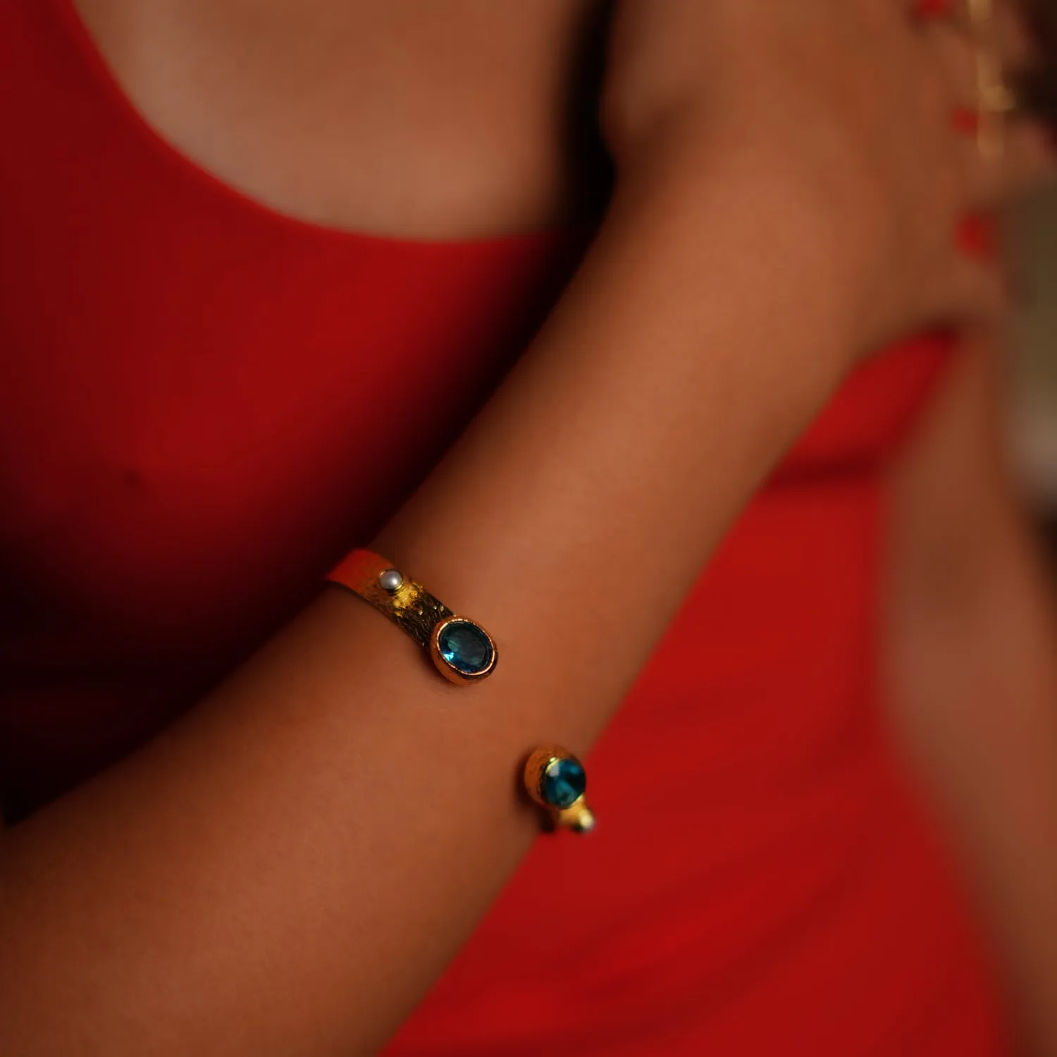 Cleopatra Blue Topaz & Pearl Adjustable Gold Cuff Bracelet