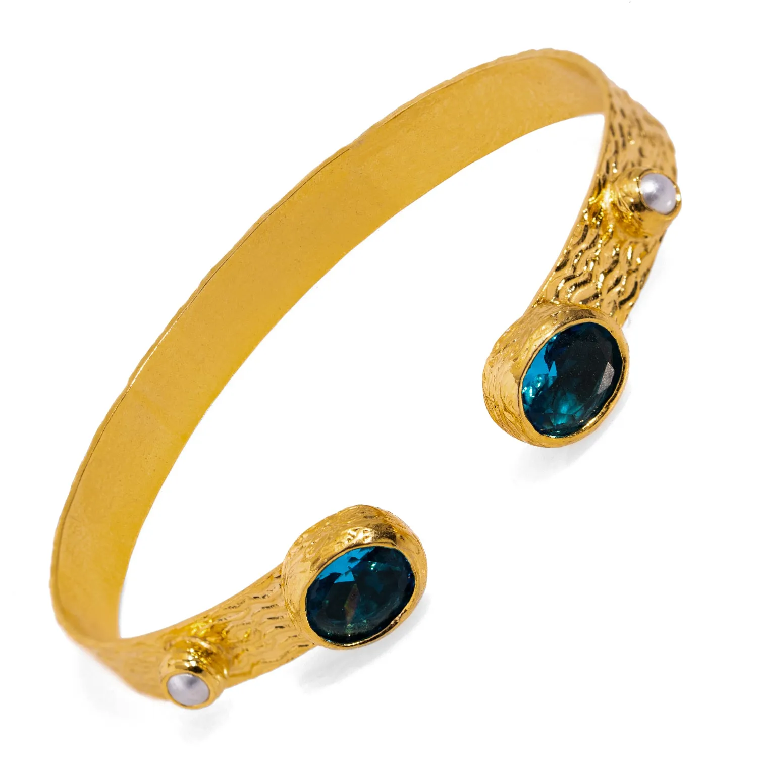 Cleopatra Blue Topaz & Pearl Adjustable Gold Cuff Bracelet