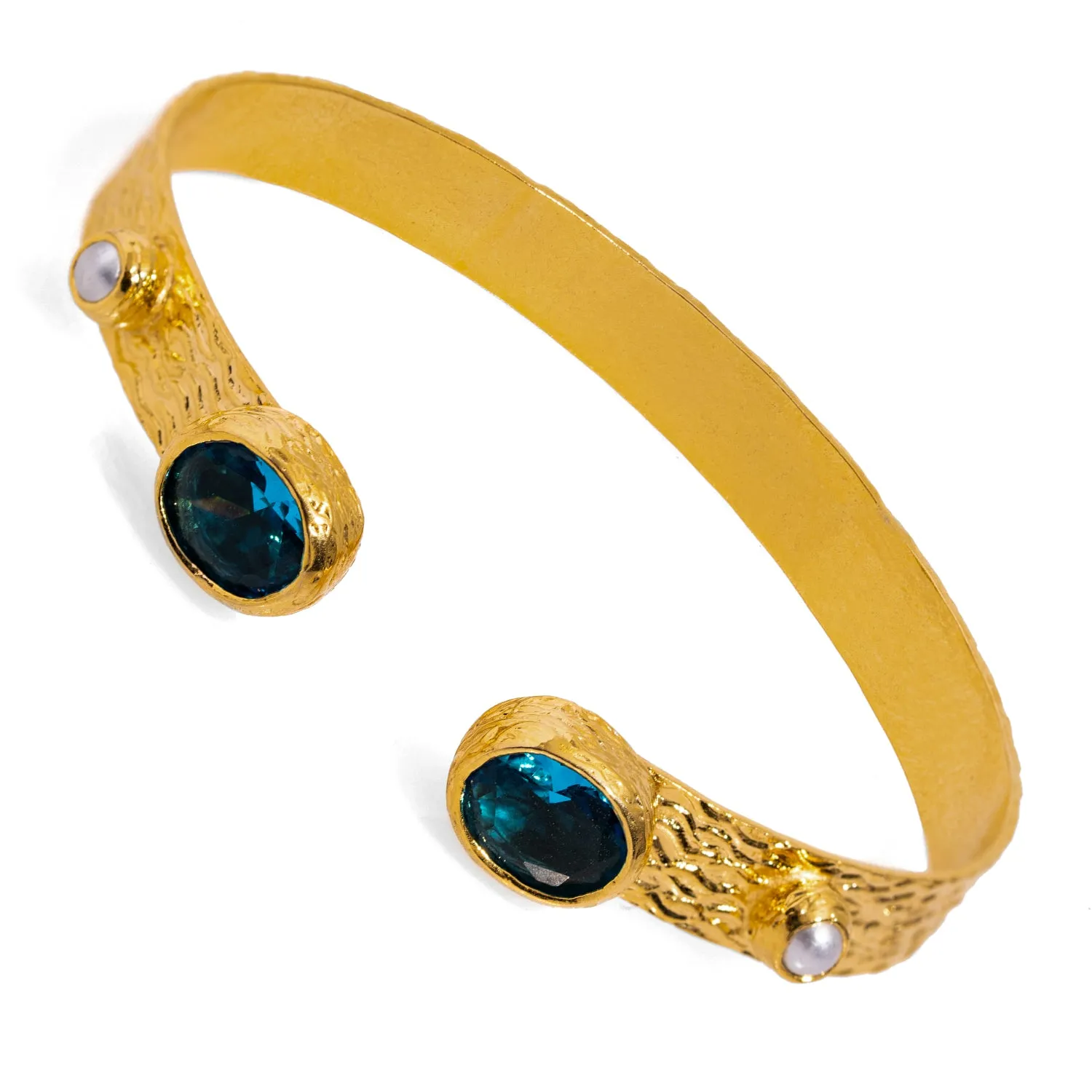 Cleopatra Blue Topaz & Pearl Adjustable Gold Cuff Bracelet