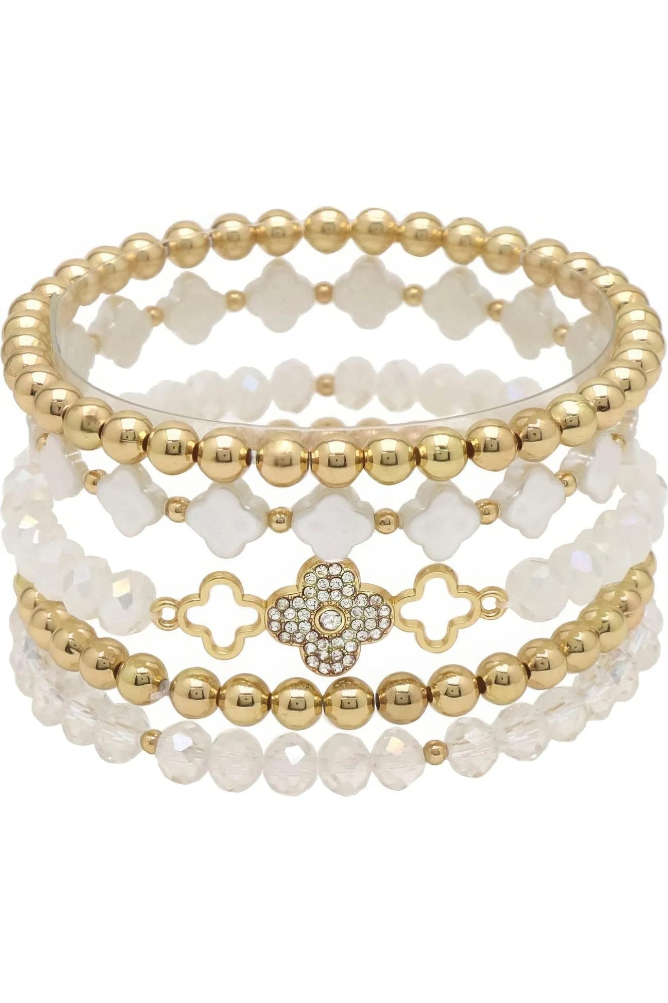 Clover Metal Pearl Rhinestone Stretch Bracelet Set