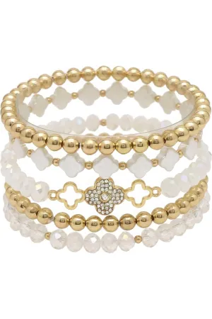 Clover Metal Pearl Rhinestone Stretch Bracelet Set