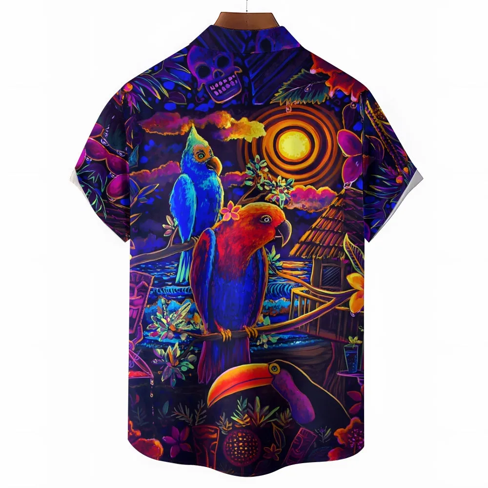 Colorful Parrot Tiki Art Print Casual Large Size Short-Sleeved Shirt 2407000557