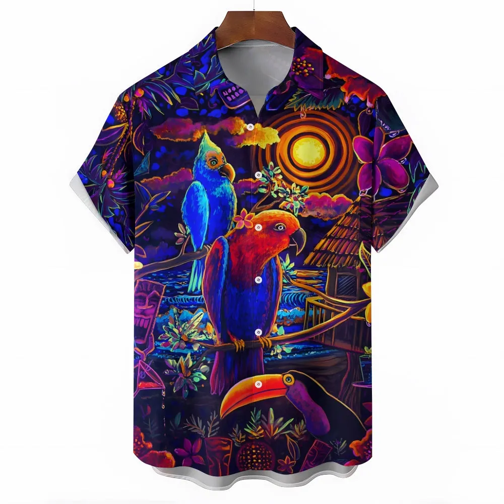 Colorful Parrot Tiki Art Print Casual Large Size Short-Sleeved Shirt 2407000557
