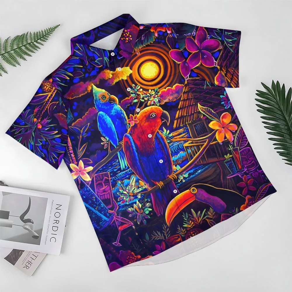 Colorful Parrot Tiki Art Print Casual Large Size Short-Sleeved Shirt 2407000557