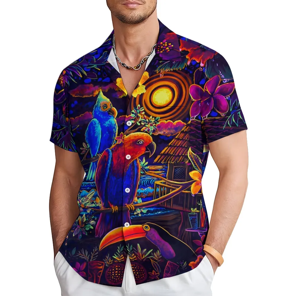 Colorful Parrot Tiki Art Print Casual Large Size Short-Sleeved Shirt 2407000557