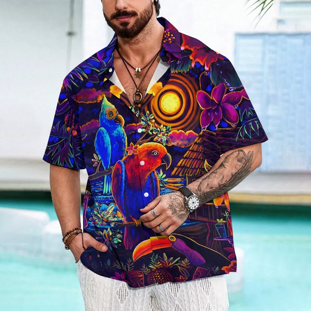 Colorful Parrot Tiki Art Print Casual Large Size Short-Sleeved Shirt 2407000557