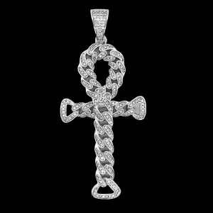 Cuban Link Iced Out Cubic Zirconia Sterling 2.8" Ankh Cross Charm Pendant - C4134689