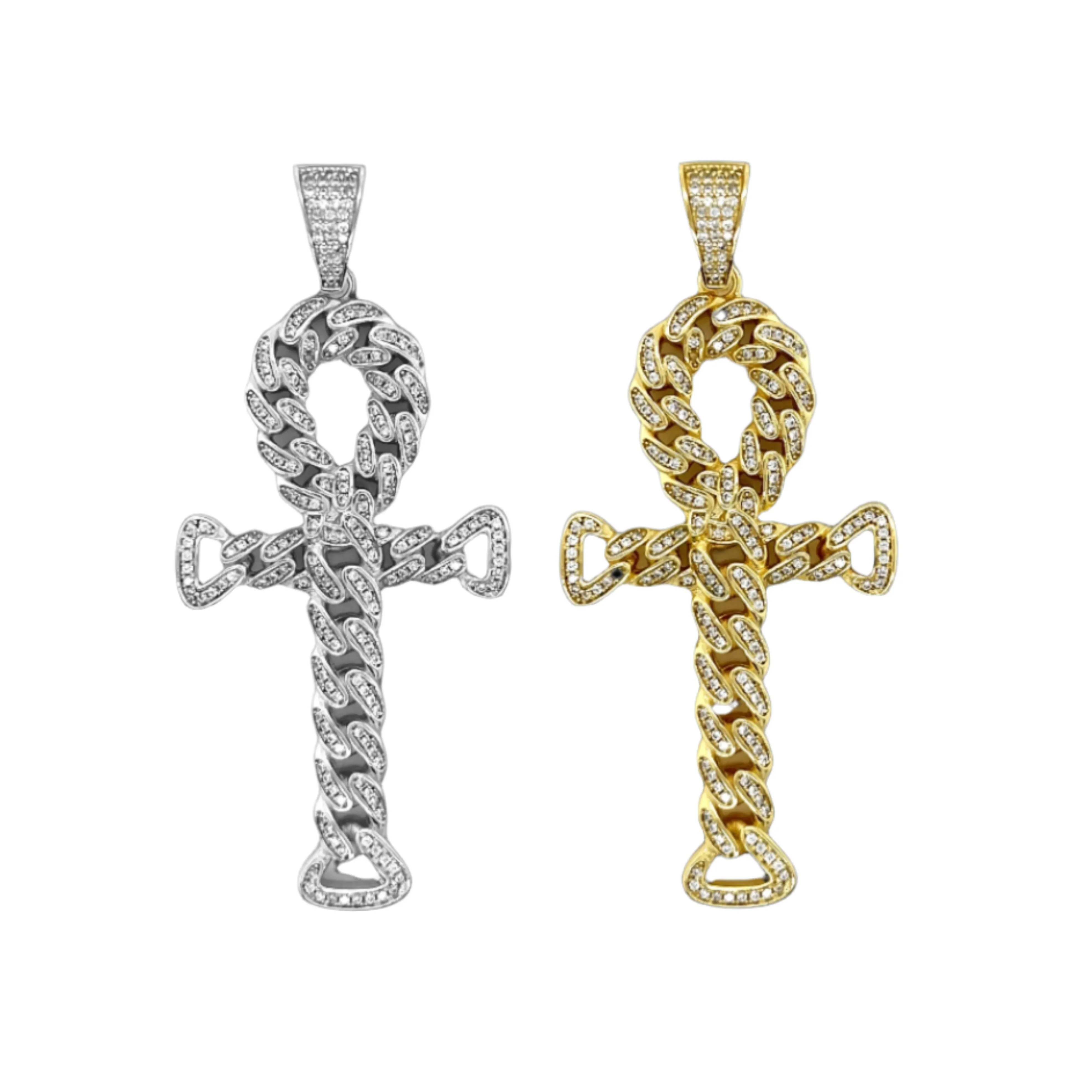Cuban Link Iced Out Cubic Zirconia Sterling 2.8" Ankh Cross Charm Pendant - C4134689