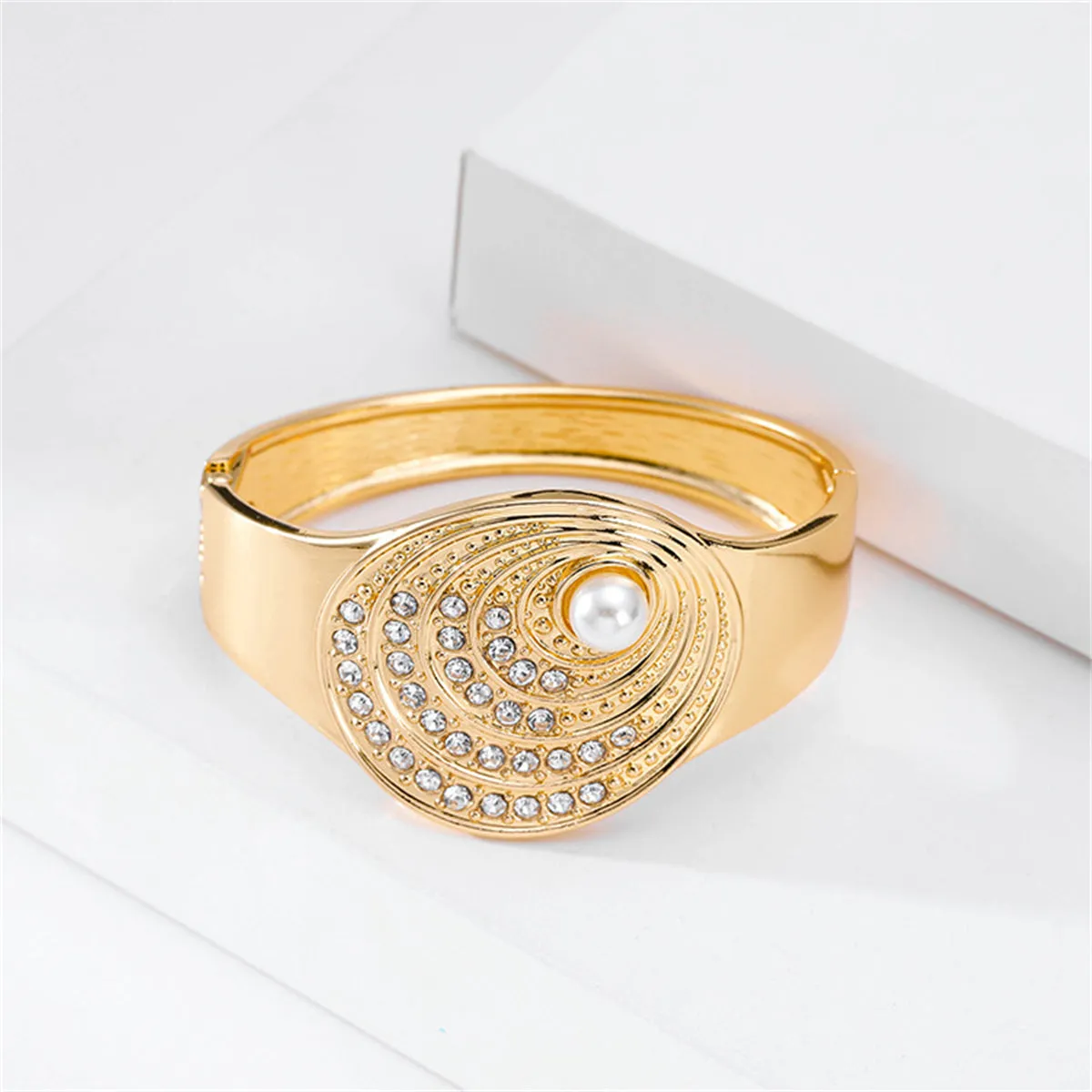 Cubic Zirconia & Pearl 18K Gold-Palted Shell Bangle