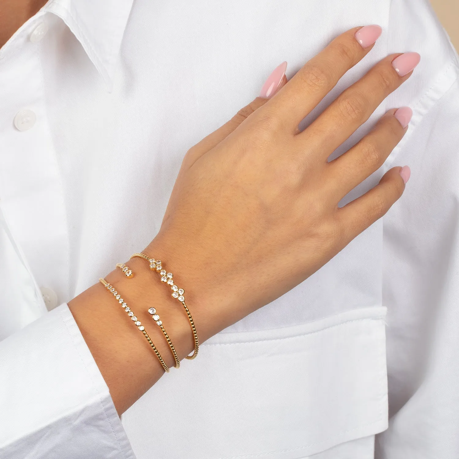 CZ Multi Flower Bezel Open Bangle Bracelet