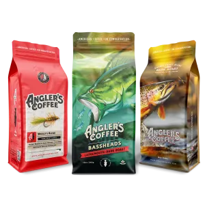 Dark Roast Sampler Pack (Woolly's, Brown Trout, Bassheads Largemouth; 12oz, Anglers Classic line nippers)