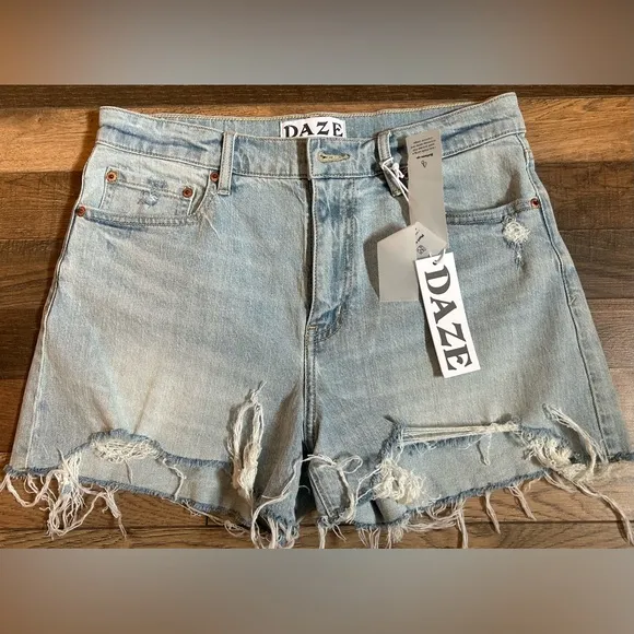 DAZE Troublemaker Distressed High Waist Denim Shorts