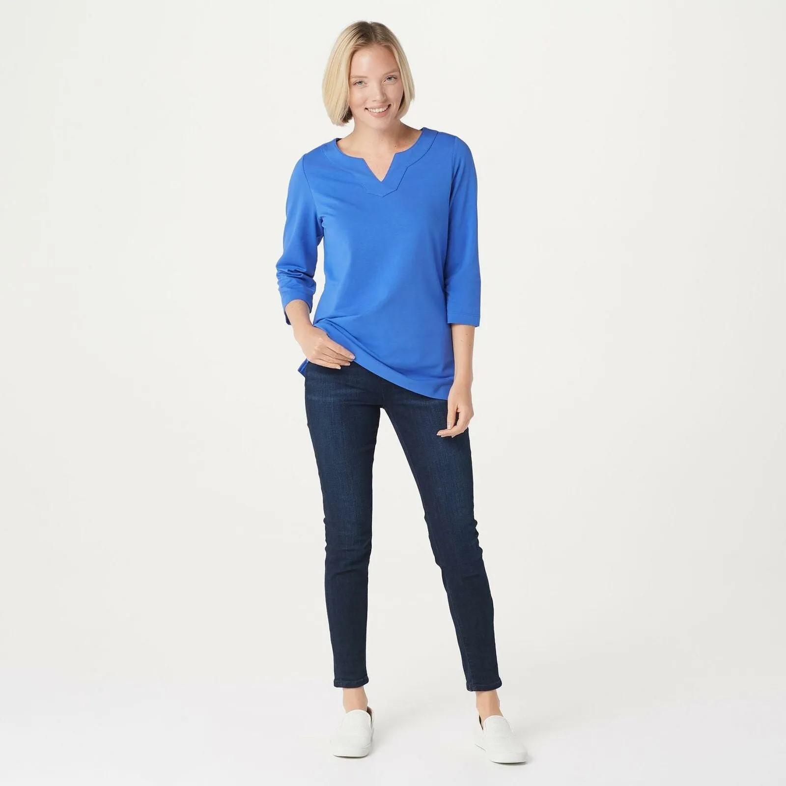 Denim & Co. Women's Essentials 3/4 Sleeve Split V-Neck Top