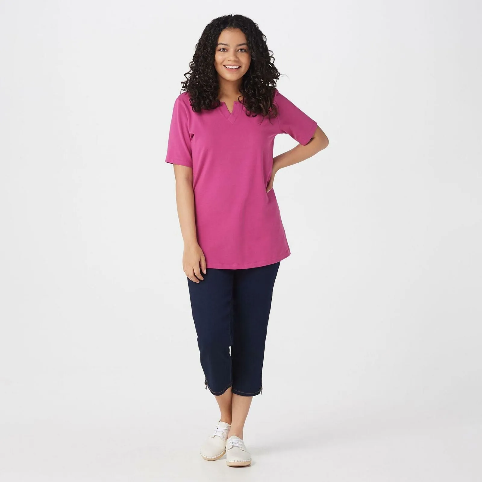Denim & Co. Women's Essentials Jersey Split V Neck Top Magenta Haze Large