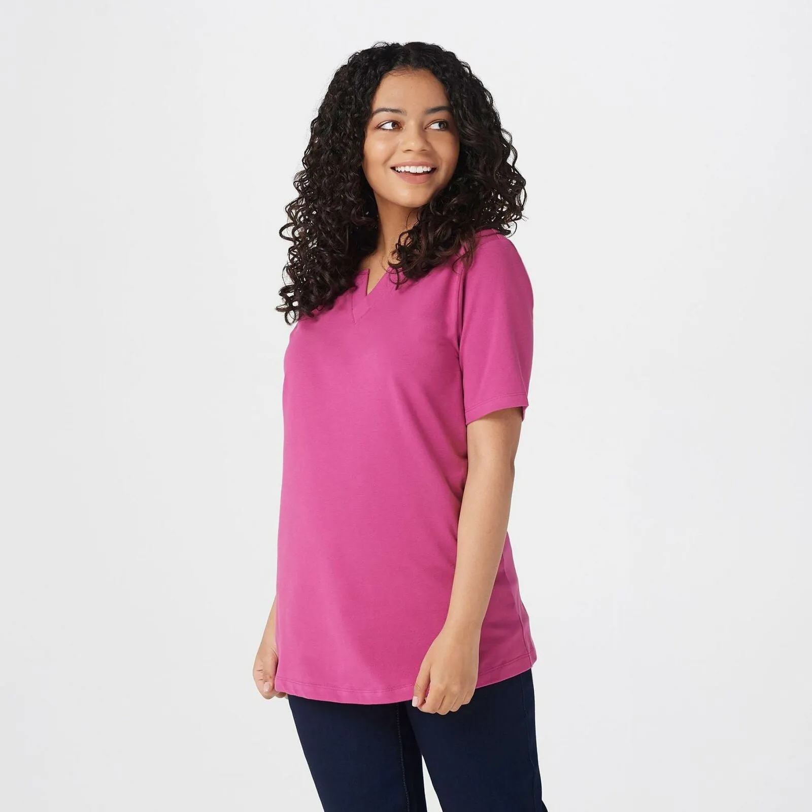 Denim & Co. Women's Essentials Jersey Split V Neck Top Magenta Haze Large