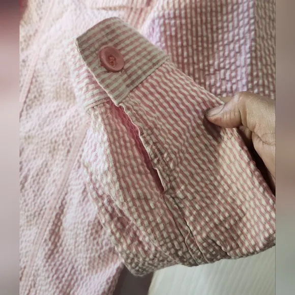 Denim &amp; Co. Pink white striped seersucker jacket women's size L