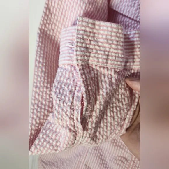 Denim &amp; Co. Pink white striped seersucker jacket women's size L