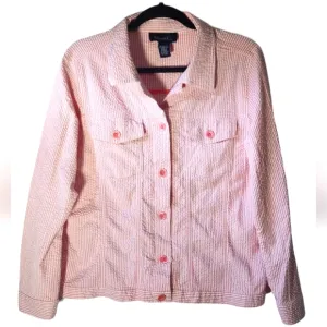 Denim &amp; Co. Pink white striped seersucker jacket women's size L