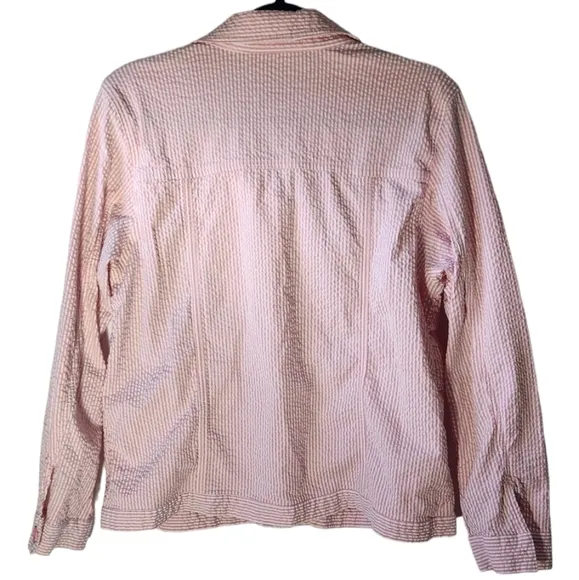 Denim &amp; Co. Pink white striped seersucker jacket women's size L