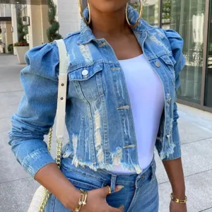 Denim Fringe Hem Puff Long Sleeve Coat