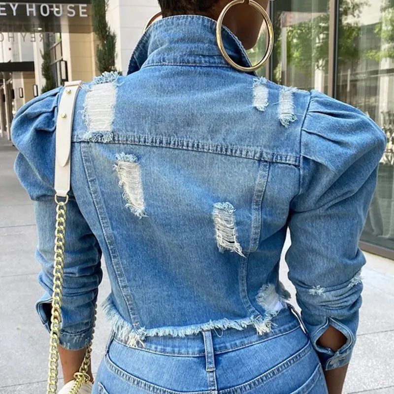Denim Fringe Hem Puff Long Sleeve Coat