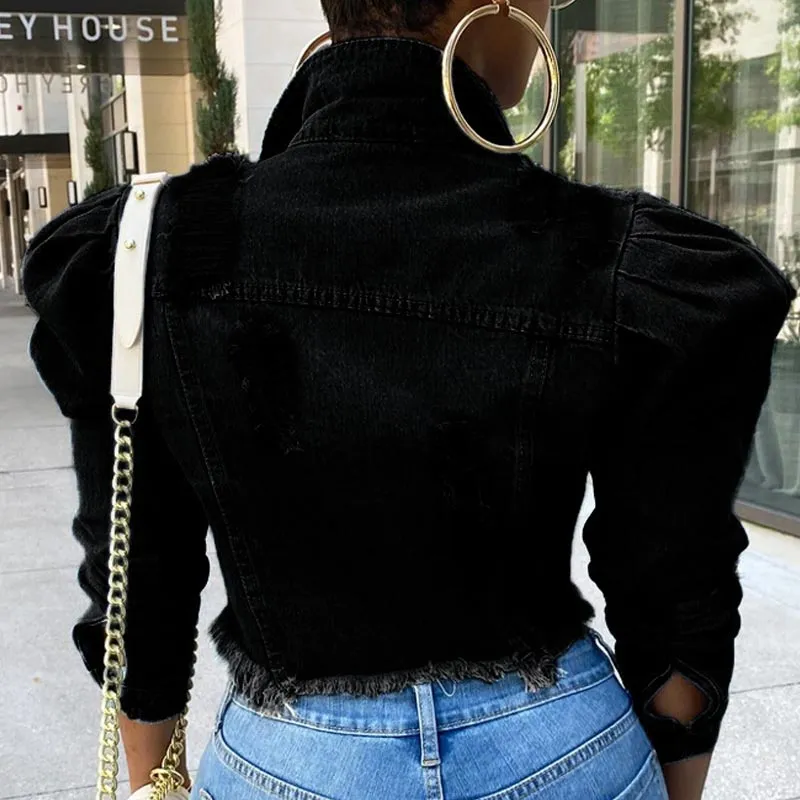 Denim Fringe Hem Puff Long Sleeve Coat