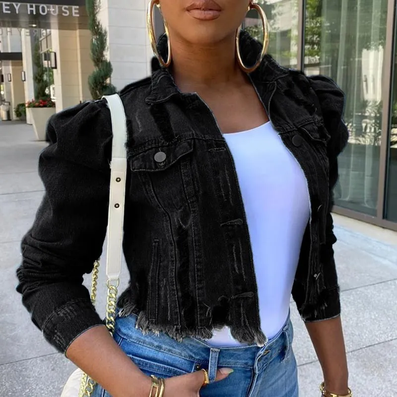 Denim Fringe Hem Puff Long Sleeve Coat