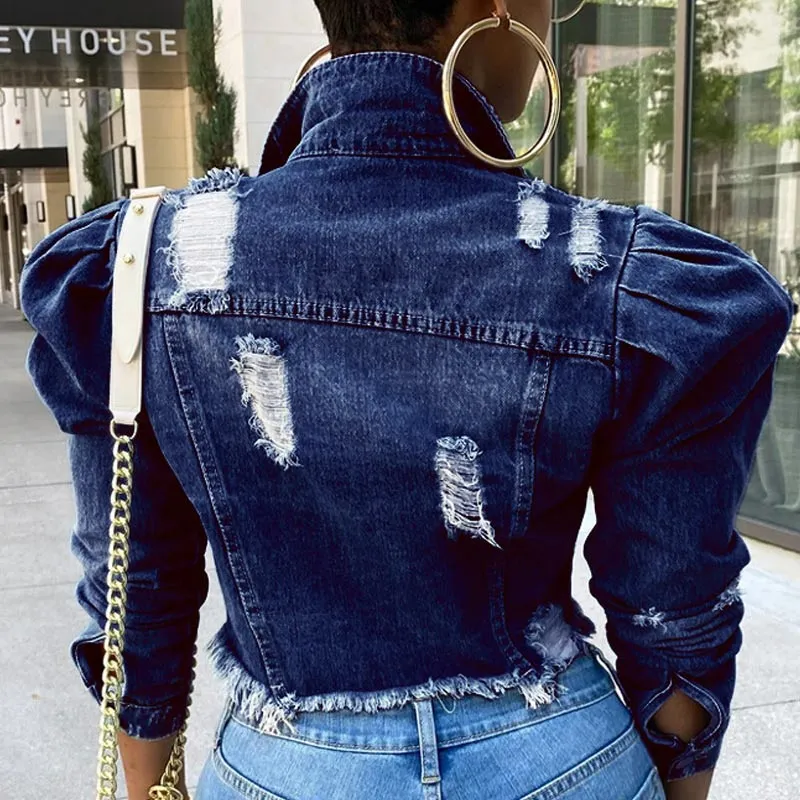 Denim Fringe Hem Puff Long Sleeve Coat