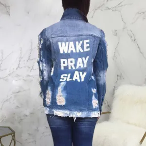 Denim Letter Print Cutout Button Pocket Design Coat