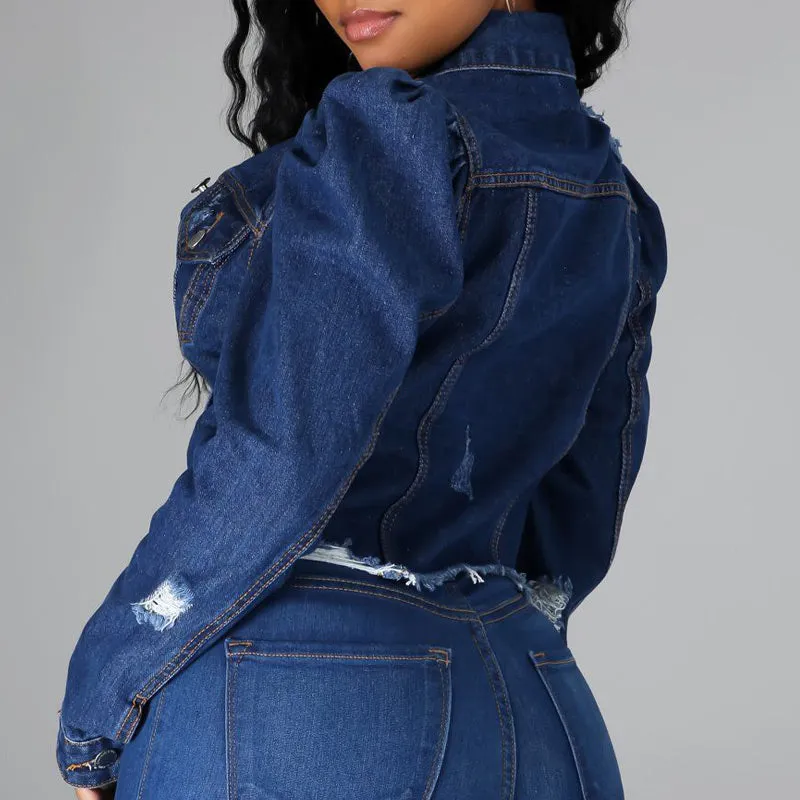 Denim Pocket Button Design Cutout Long Sleeve Coat