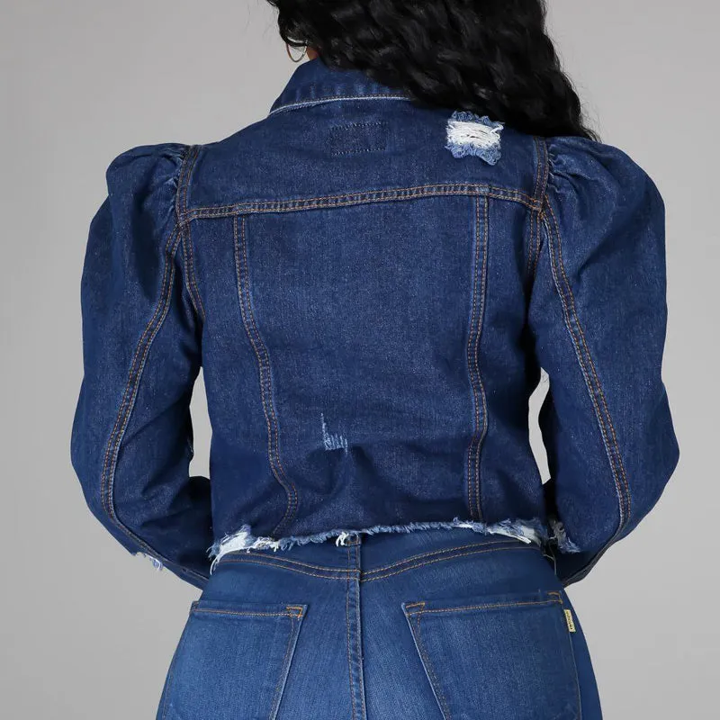 Denim Pocket Button Design Cutout Long Sleeve Coat