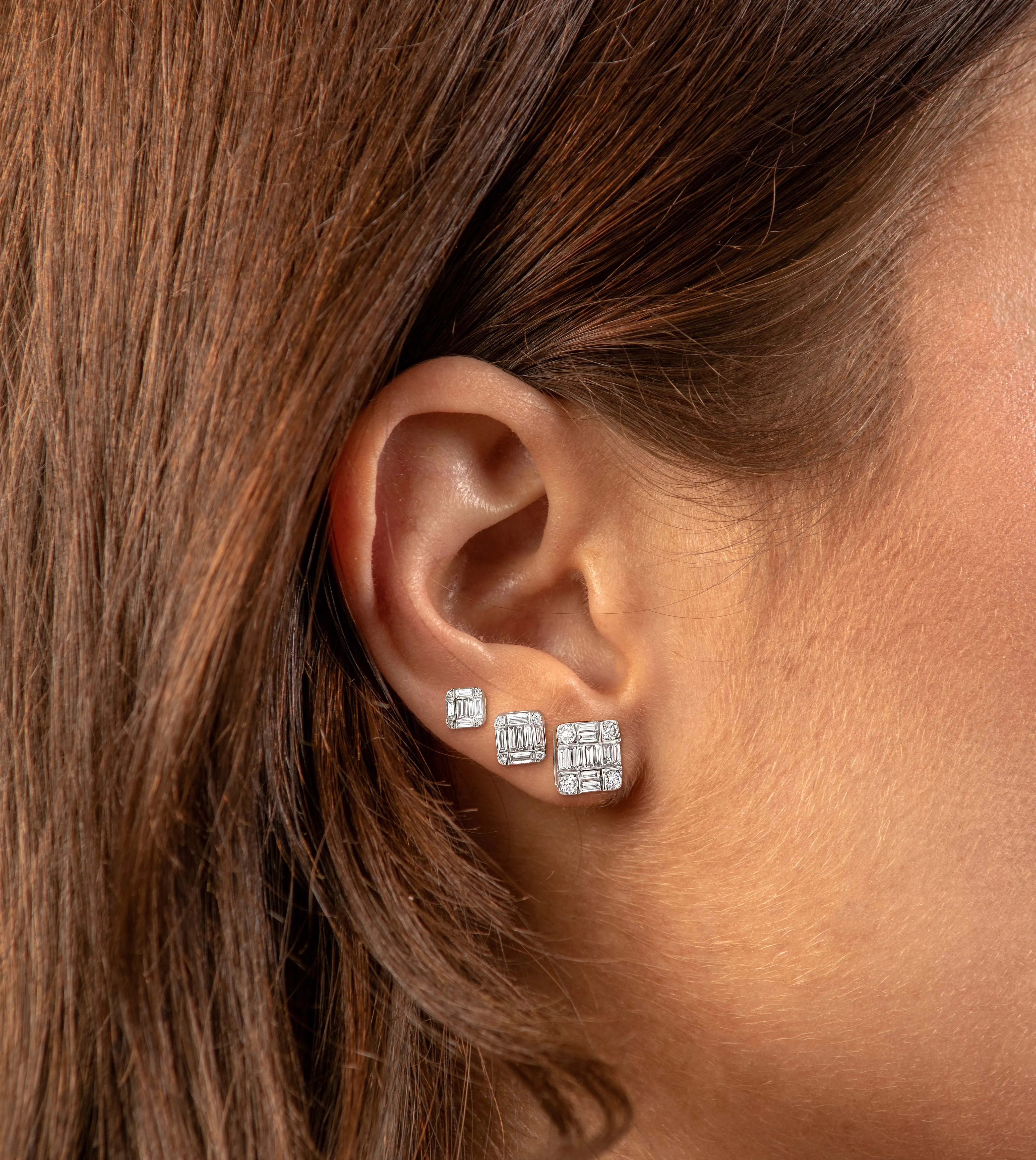Diamond Emerald Cut Cluster Stud Earring