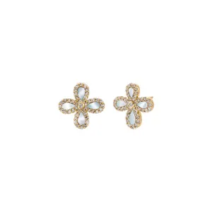 Diamond Pave Colored Stone Four Leaf Clover Stud Earring 14K