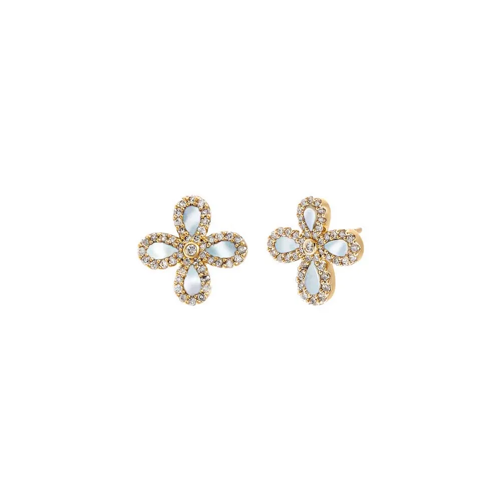 Diamond Pave Colored Stone Four Leaf Clover Stud Earring 14K