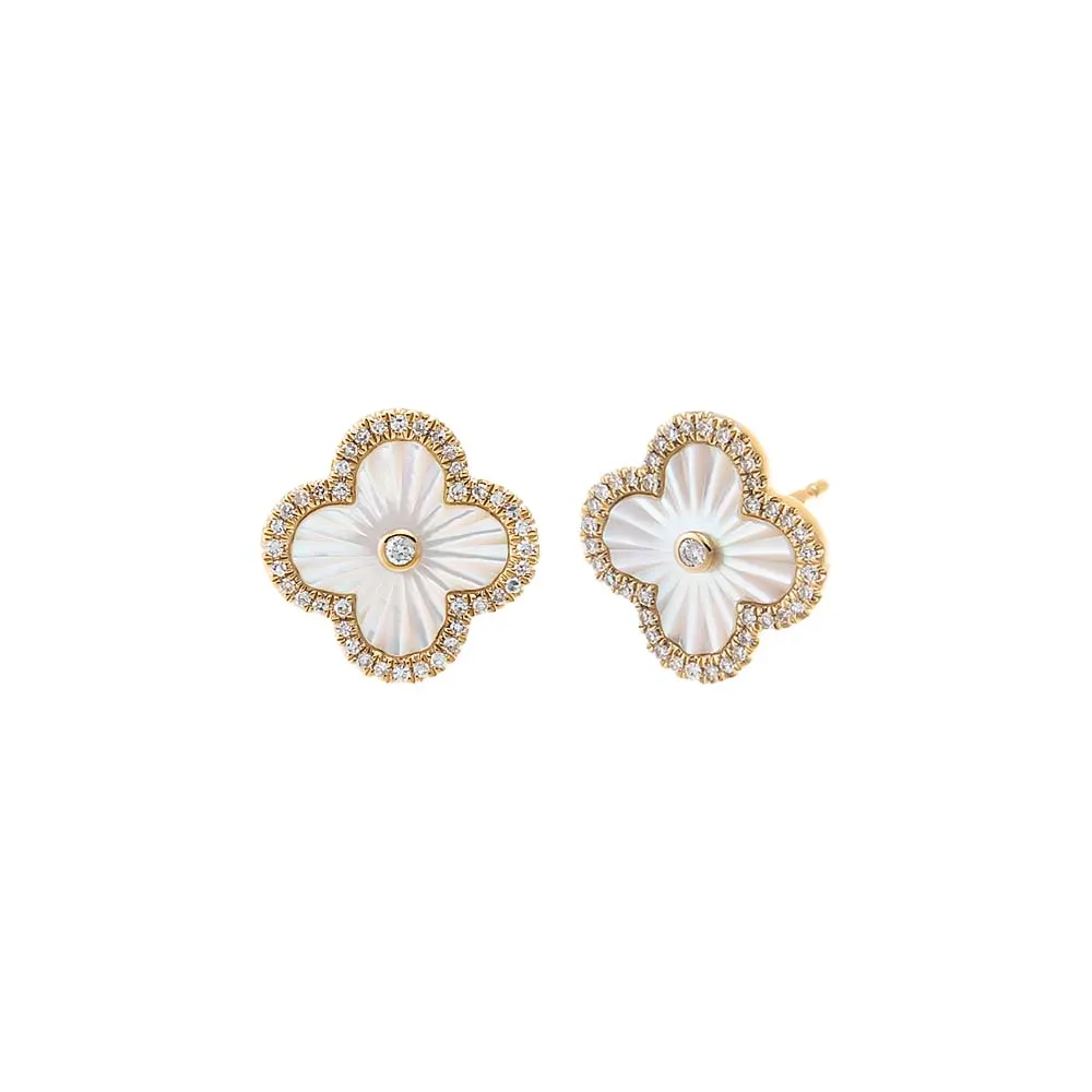 Diamond Pave Outline Ridged Colored Stone Earring 14K