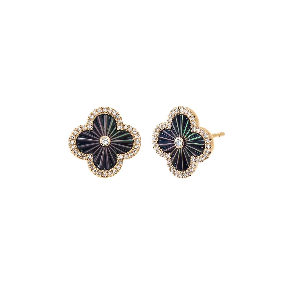 Diamond Pave Outline Ridged Colored Stone Earring 14K