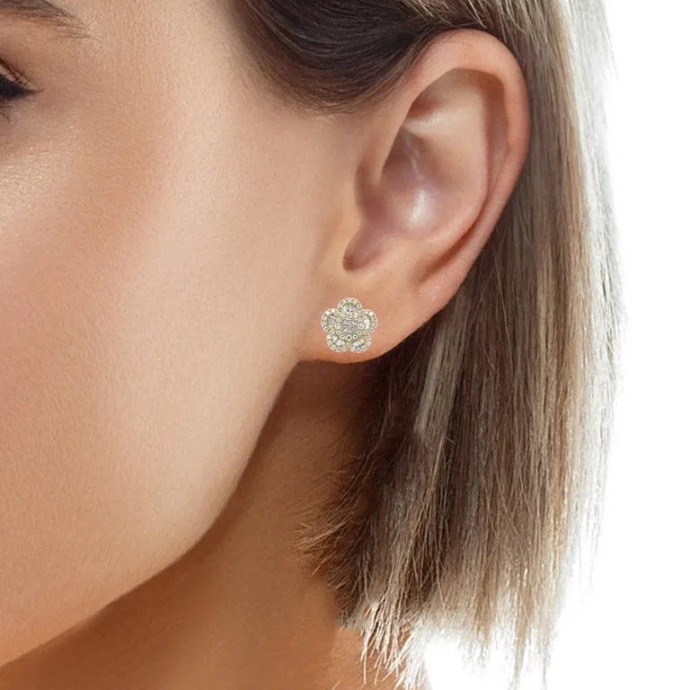 Diamond Round and Baguette Floral Earrings in 18k Yellow Gold, 1.35 Carats Total